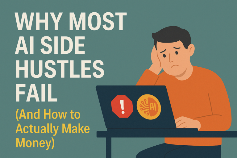 Flat-style 2D illustration of a stressed-out solopreneur surrounded by AI icons and tools, Why ai side hustles fail.